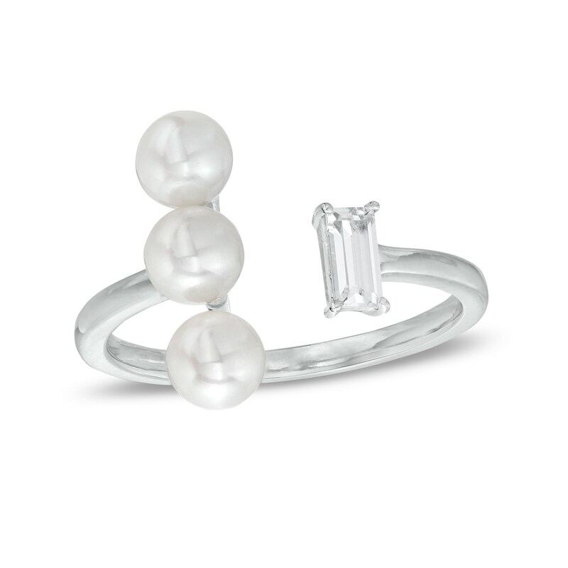 Main Image 1 of 5.0mm Freshwater Cultured Pearl and White Lab-Created White Sapphire Open Ring in Sterling Silver