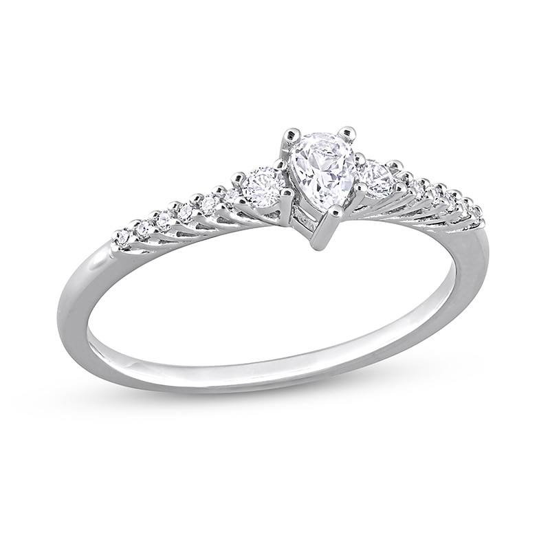 Main Image 1 of Pear-Shaped White Lab-Created Sapphire and 1/20 CT. T.W. Diamond Promise Ring in Sterling Silver