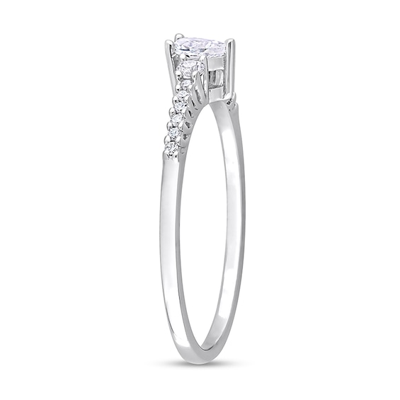 Pear-Shaped White Lab-Created Sapphire and 1/20 CT. T.w. Diamond Promise Ring in Sterling Silver