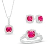 Thumbnail Image 1 of Cushion-Cut Lab-Created Ruby and White Lab-Created Sapphire Frame Pendant, Earrings and Ring Set in Sterling Silver