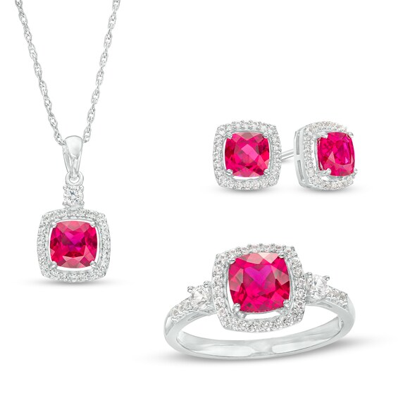 Cushion-Cut Lab-Created Ruby and White Lab-Created Sapphire Frame Pendant, Earrings and Ring Set in Sterling Silver