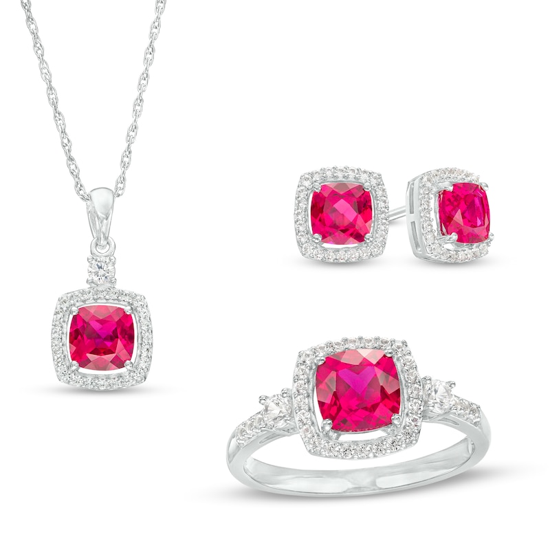 Main Image 1 of Cushion-Cut Lab-Created Ruby and White Lab-Created Sapphire Frame Pendant, Earrings and Ring Set in Sterling Silver