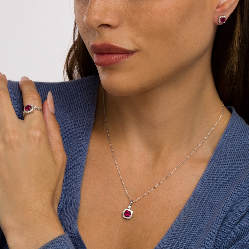 Main Image 2 of Cushion-Cut Lab-Created Ruby and White Lab-Created Sapphire Frame Pendant, Earrings and Ring Set in Sterling Silver