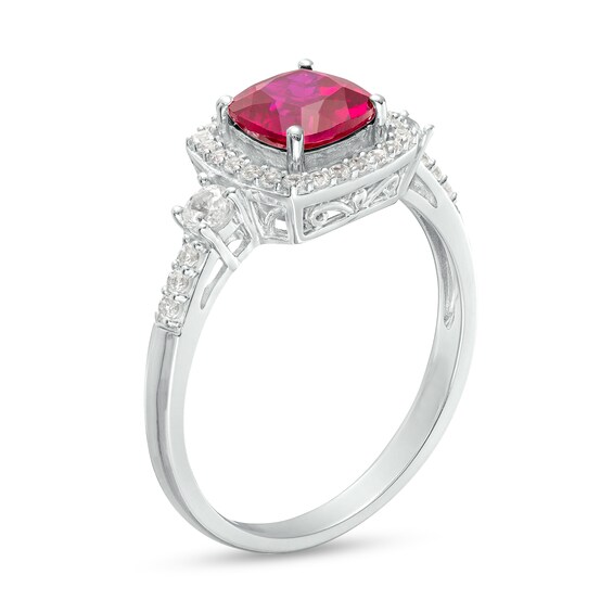 Cushion-Cut Lab-Created Ruby and White Lab-Created Sapphire Frame Pendant, Earrings and Ring Set in Sterling Silver
