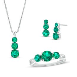 Lab-Created Emerald Linear Three Stone Pendant, Earrings and Ring Set in Sterling Silver