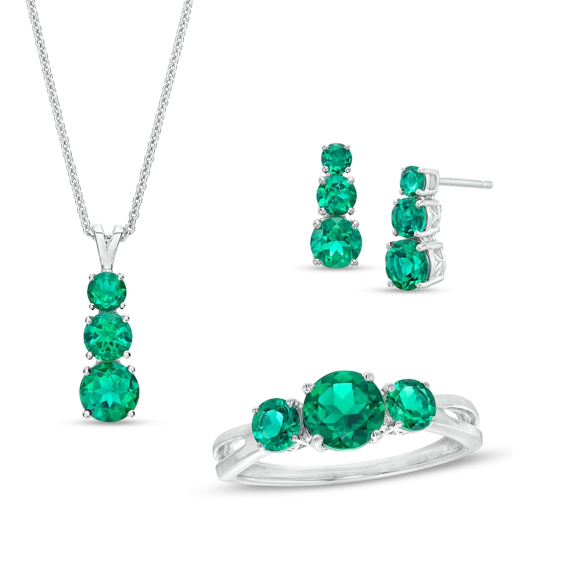 Main Image 1 of Lab-Created Emerald Linear Three Stone Pendant, Earrings and Ring Set in Sterling Silver