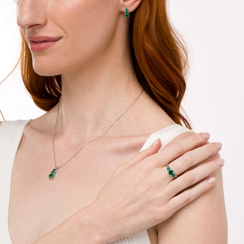 Main Image 2 of Lab-Created Emerald Linear Three Stone Pendant, Earrings and Ring Set in Sterling Silver