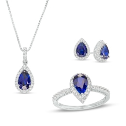 Pear-Shaped Blue and White Lab-Created Sapphire Frame Pendant, Earrings and Ring Set in Sterling Silver