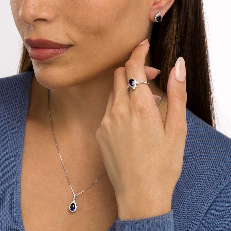 Main Image 2 of Pear-Shaped Blue and White Lab-Created Sapphire Frame Pendant, Earrings and Ring Set in Sterling Silver