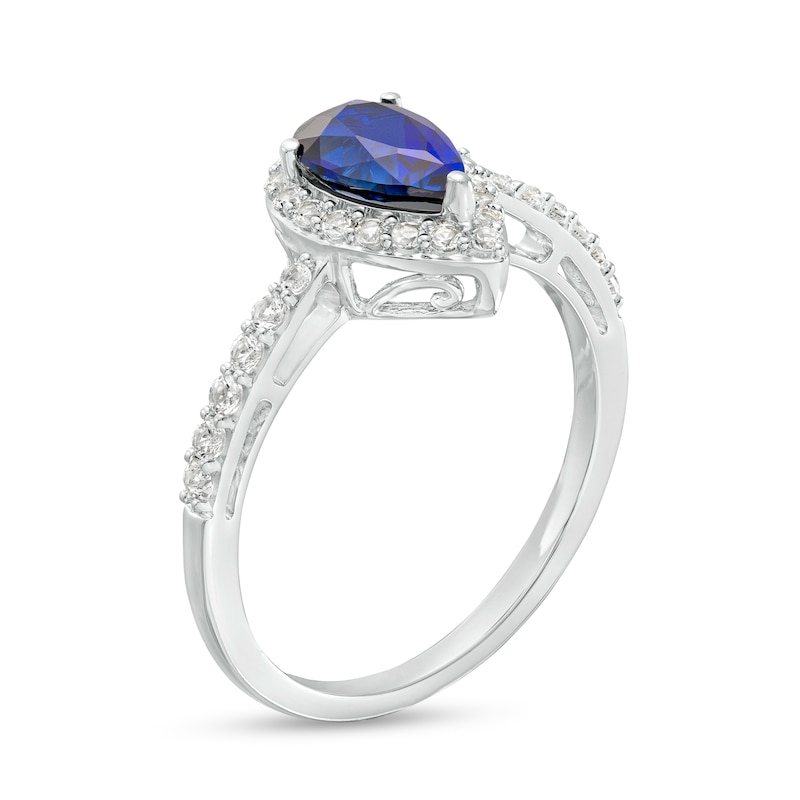 Main Image 3 of Pear-Shaped Blue and White Lab-Created Sapphire Frame Pendant, Earrings and Ring Set in Sterling Silver
