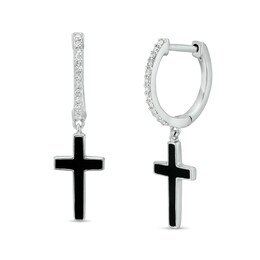 1/10 CT. T.W. Diamond Black Enamel Cross Drop Earrings in Sterling Silver