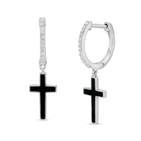 1/10 CT. T.w. Diamond Black Enamel Cross Drop Earrings in Sterling Silver