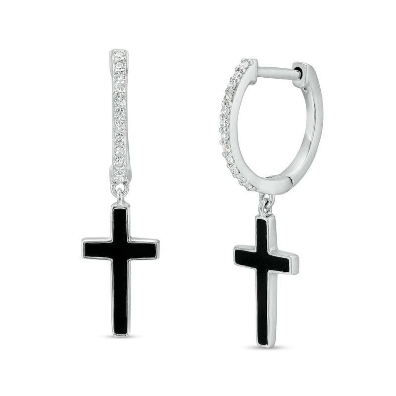Main Image 1 of 1/10 CT. T.W. Diamond Black Enamel Cross Drop Earrings in Sterling Silver