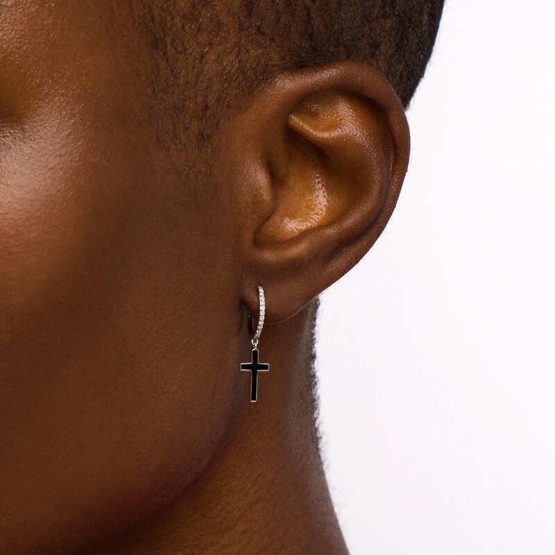 Main Image 2 of 1/10 CT. T.W. Diamond Black Enamel Cross Drop Earrings in Sterling Silver