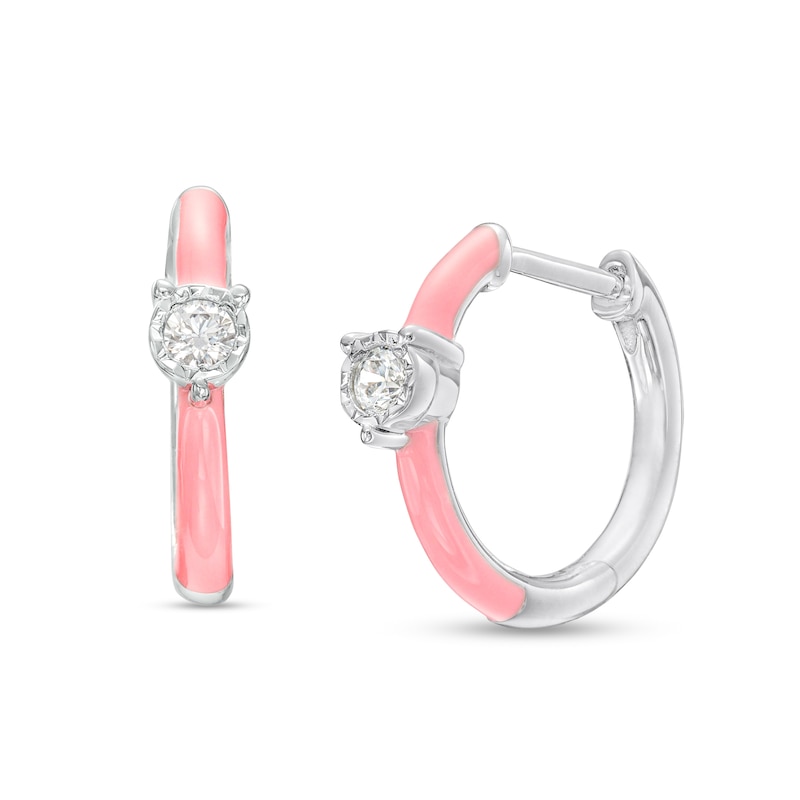 Main Image 1 of 1/10 CT. T.W. Diamond Solitaire Pink Enamel Hoop Earrings in Sterling Silver
