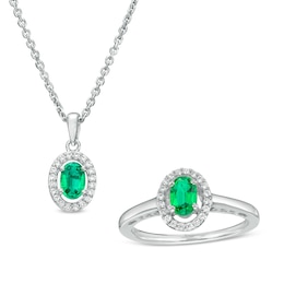Oval Emerald and White Lab-Created Sapphire Frame Pendant and Ring Set in Sterling Silver