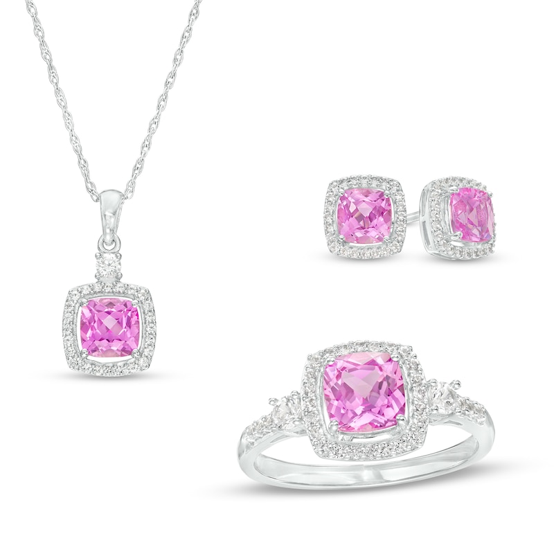 Main Image 1 of Cushion-Cut Pink and White Lab-Created Sapphire Frame Pendant, Earrings and Ring Set in Sterling Silver