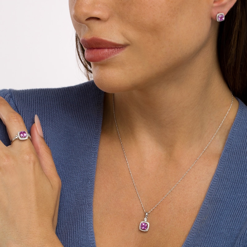 Main Image 2 of Cushion-Cut Pink and White Lab-Created Sapphire Frame Pendant, Earrings and Ring Set in Sterling Silver