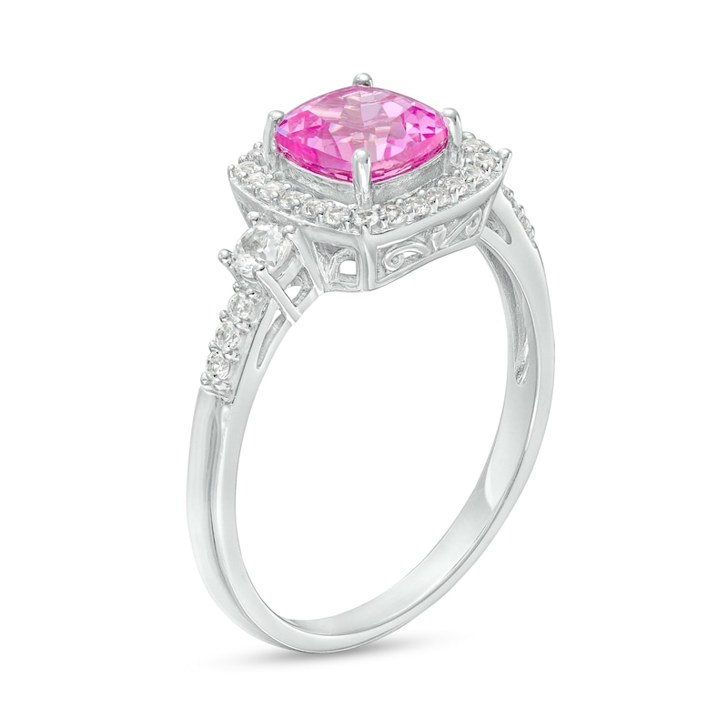 Main Image 3 of Cushion-Cut Pink and White Lab-Created Sapphire Frame Pendant, Earrings and Ring Set in Sterling Silver