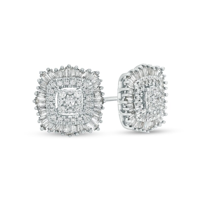 Main Image 1 of Marilyn Monroe™ Collection 1 CT. T.W. Cushion-Shaped Multi-Diamond Double Frame Stud Earrings in 10K White Gold
