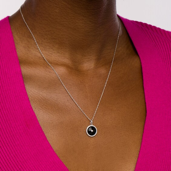 1/5 CT. T.w. Diamond Frame Black Enamel Circle Pendant in Sterling Silver