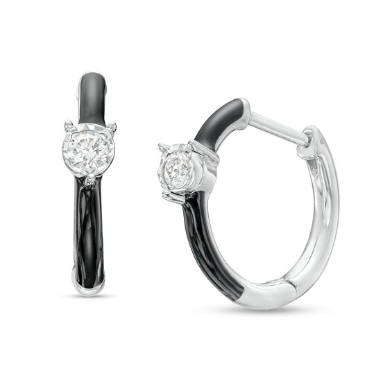 1/10 CT. T.w. Diamond Solitaire Black Enamel Hoop Earrings in Sterling Silver