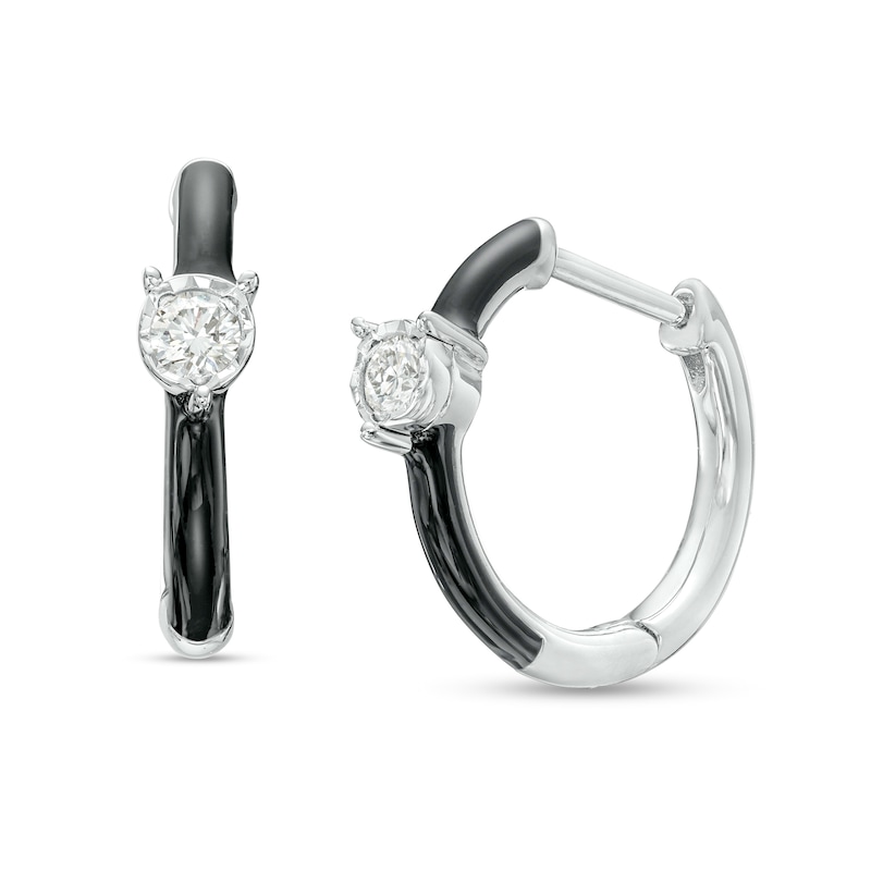 Main Image 1 of 1/10 CT. T.W. Diamond Solitaire Black Enamel Hoop Earrings in Sterling Silver