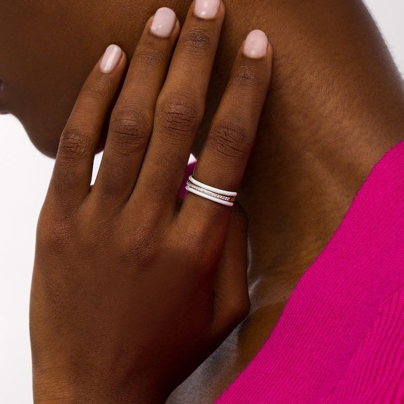 Main Image 2 of 1/10 CT. T.W. Diamond White Enamel Triple Row Band in Sterling Silver - Size 7