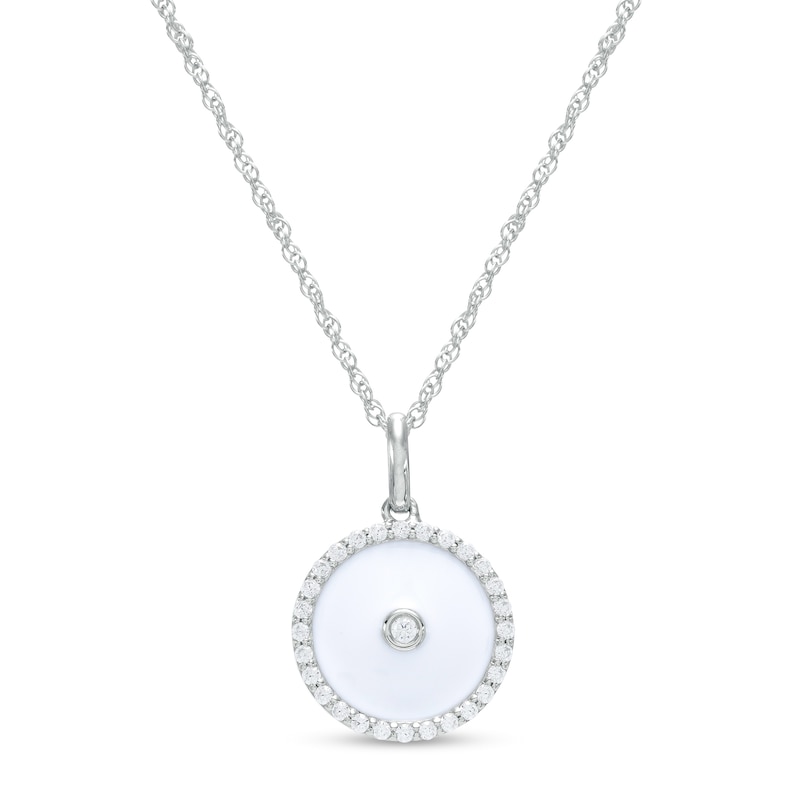 Main Image 1 of 1/5 CT. T.W. Diamond Frame White Enamel Circle Pendant in Sterling Silver