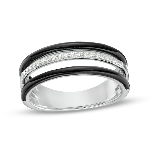 1/10 CT. T.w. Diamond Black Enamel Triple Row Band in Sterling Silver - Size 7