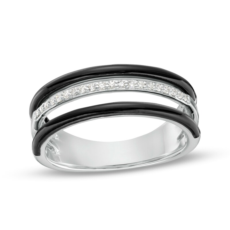 Main Image 1 of 1/10 CT. T.W. Diamond Black Enamel Triple Row Band in Sterling Silver - Size 7