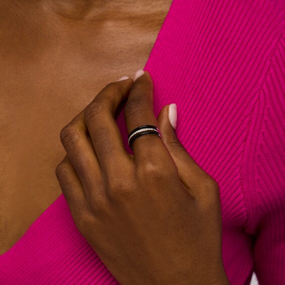 1/10 CT. T.w. Diamond Black Enamel Triple Row Band in Sterling Silver - Size 7