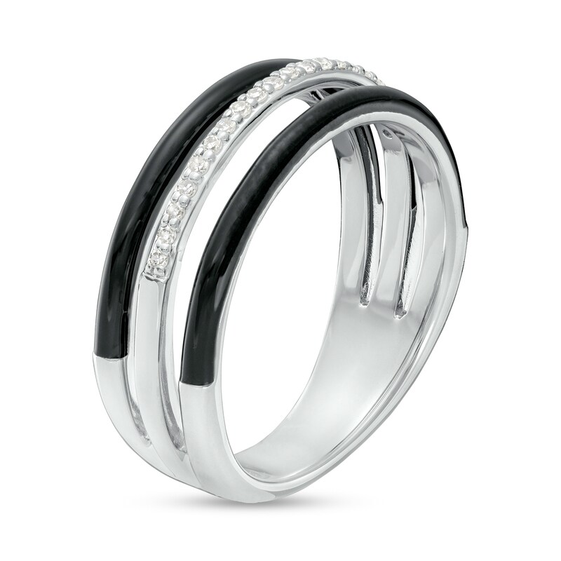 Main Image 3 of 1/10 CT. T.W. Diamond Black Enamel Triple Row Band in Sterling Silver - Size 7