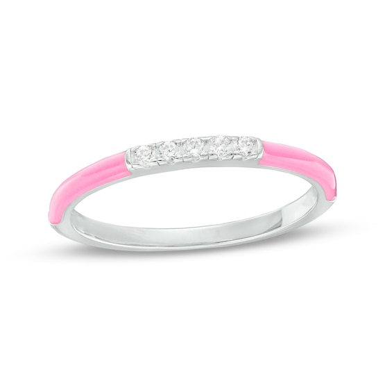 1/15 CT. T.w. Diamond Five Stone Pink Enamel Stackable Band in Sterling Silver - Size 7