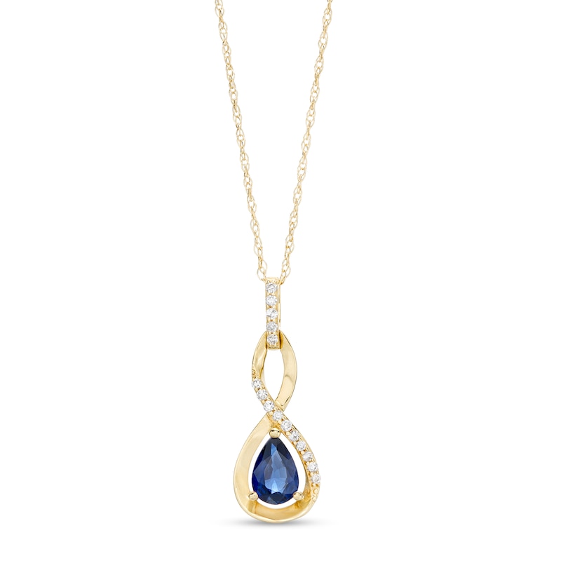 Main Image 1 of Pear-Shaped Blue Sapphire and 1/20 CT. T.W. Diamond Twist Pendant in 10K Gold