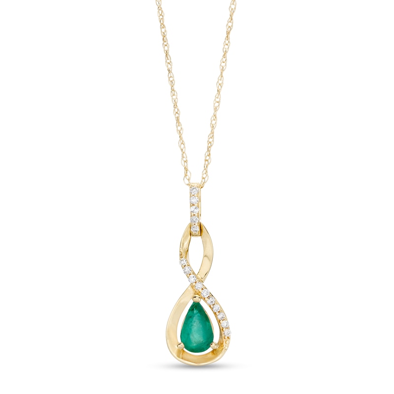 Main Image 1 of Pear-Shaped Emerald and 1/20 CT. T.W. Diamond Twist Pendant in 10K Gold