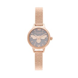 Ladies' Olivia Burton Lucky Bee Rose-Tone IP Mesh Watch with Grey Dial and Bracelet Set (Model:OBGSET140)