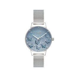 Ladies' Olivia Burton Sparkle Butterfly Crystal and Faux Pearl Accent Mesh Watch with Blue Dial (Model: OB16MB36)
