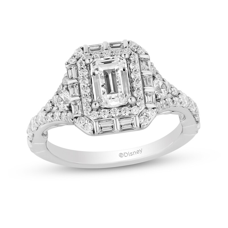 Main Image 1 of Enchanted Disney Cinderella 2 CT. T.W. Emerald-Cut Diamond Frame Engagement Ring in 14K White Gold