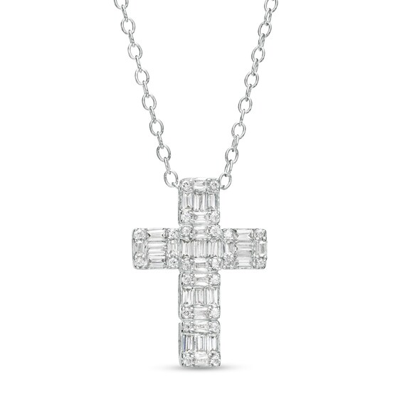 1/2 CT. T.w. Baguette and Round Diamond Cross Pendant in 10K White Gold