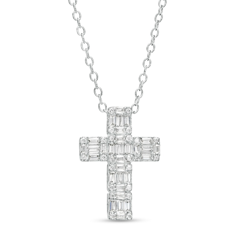 Main Image 1 of 1/2 CT. T.W. Baguette and Round Diamond Cross Pendant in 10K White Gold