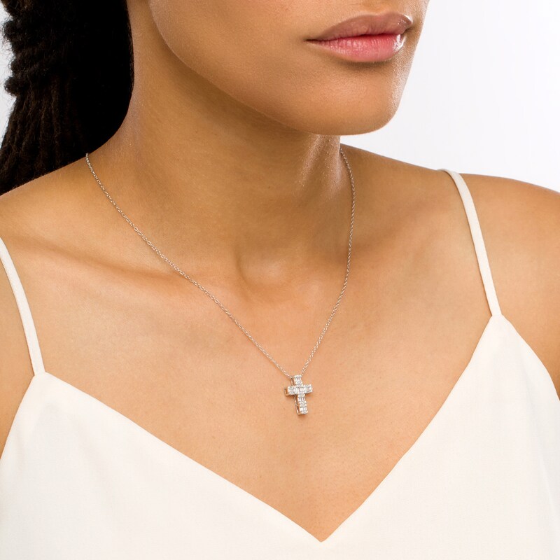 Main Image 2 of 1/2 CT. T.W. Baguette and Round Diamond Cross Pendant in 10K White Gold