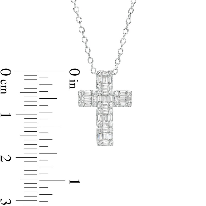Main Image 3 of 1/2 CT. T.W. Baguette and Round Diamond Cross Pendant in 10K White Gold