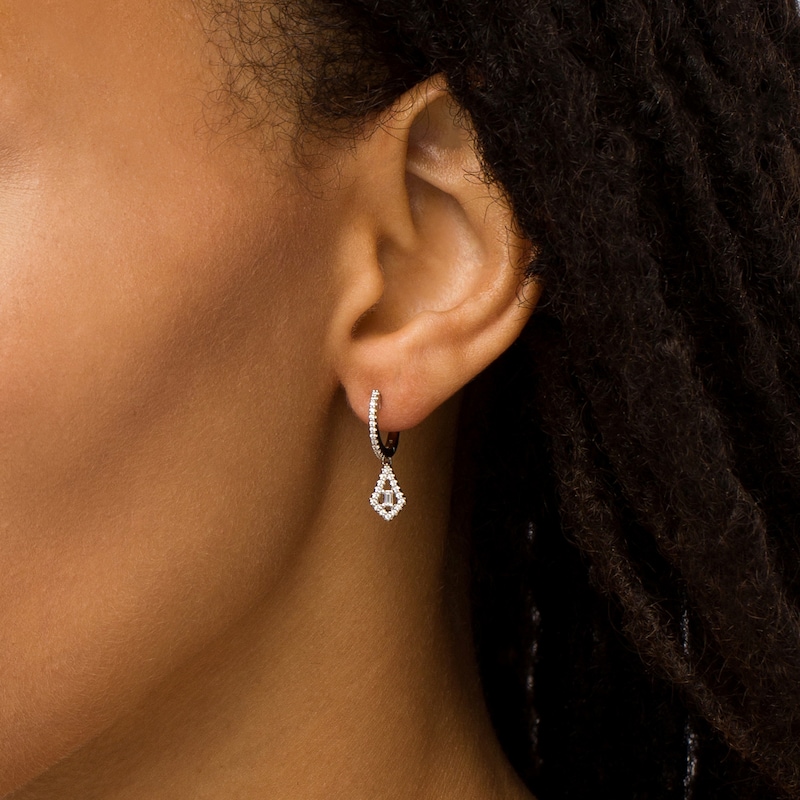 Main Image 3 of Marilyn Monroe™ Collection 1/4 CT. T.W. Baguette and Round Diamond Pointed Teardrop Drop Earrings in 10K White Gold