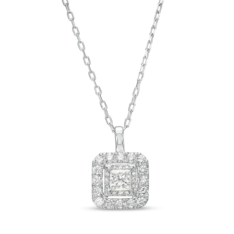 Main Image 1 of 1/2 CT. T.W. Princess-Cut Diamond Cushion-Shaped Double Frame Pendant in 10K White Gold