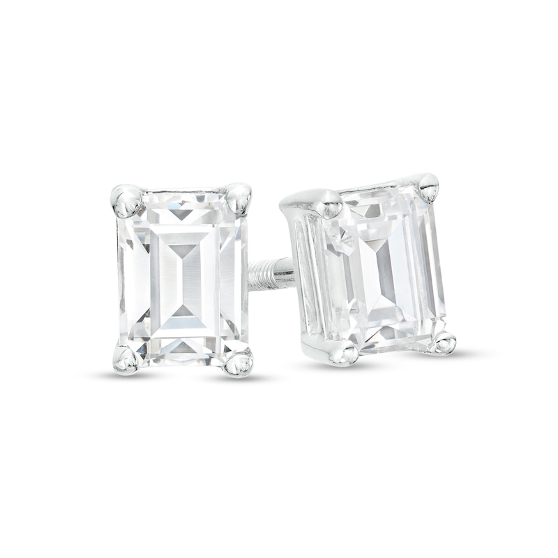 Main Image 1 of 1/2 CT. T.W. Certified Emerald-Cut Lab-Grown Diamond Solitaire Stud Earrings in 14K White Gold (F/SI2)