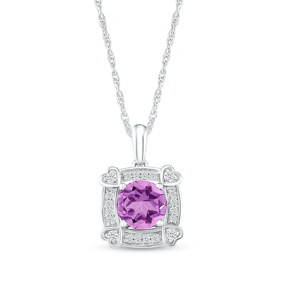 7.0mm Amethyst and White Lab-Created Sapphire Cushion Frame with Hearts Pendant in Sterling Silver