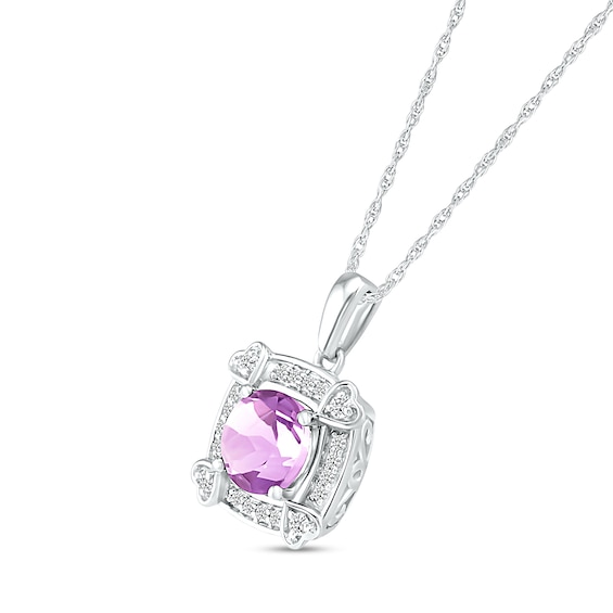 7.0mm Amethyst and White Lab-Created Sapphire Cushion Frame with Hearts Pendant in Sterling Silver