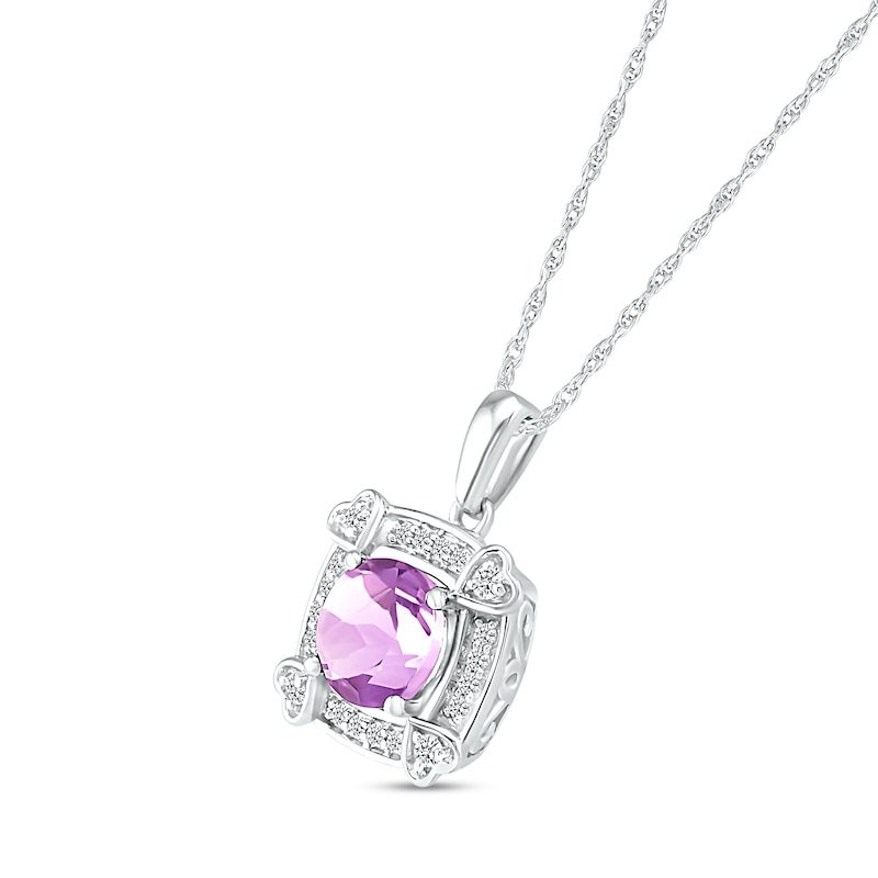 Main Image 2 of 7.0mm Amethyst and White Lab-Created Sapphire Cushion Frame with Hearts Pendant in Sterling Silver