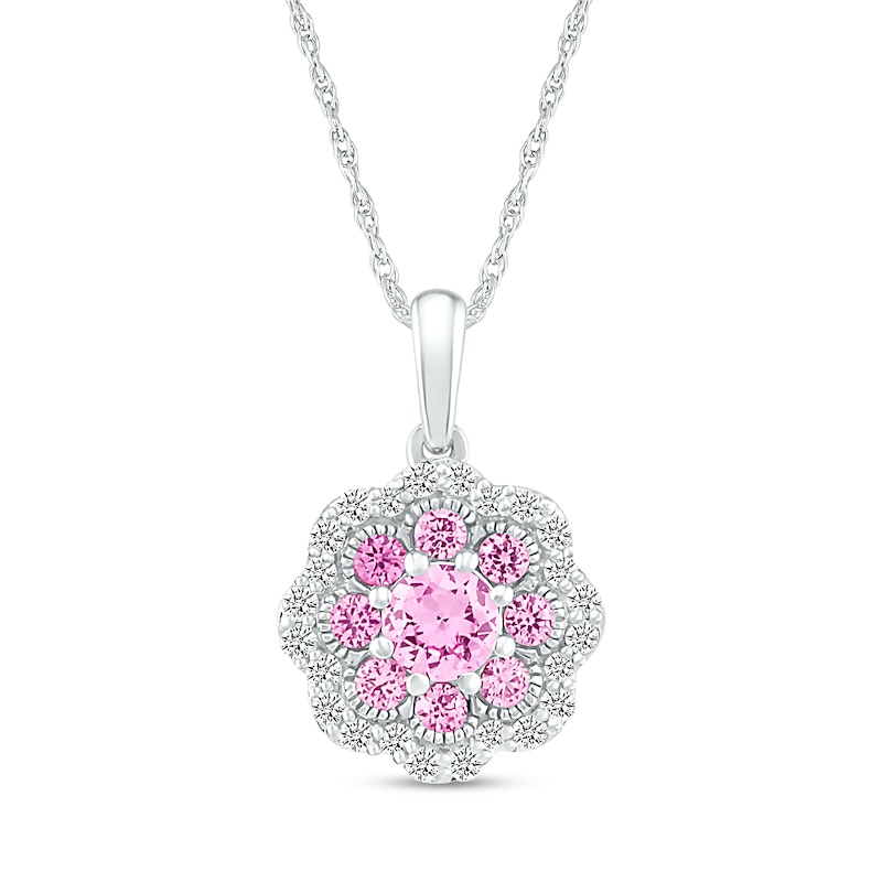 Main Image 1 of 4.0mm Pink and White Lab-Created Sapphire Scallop Edge Flower Pendant in Sterling Silver